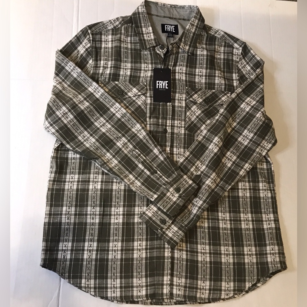 Frye. Button Down Shirt Plaid Green Cream Shirt Mens Size L